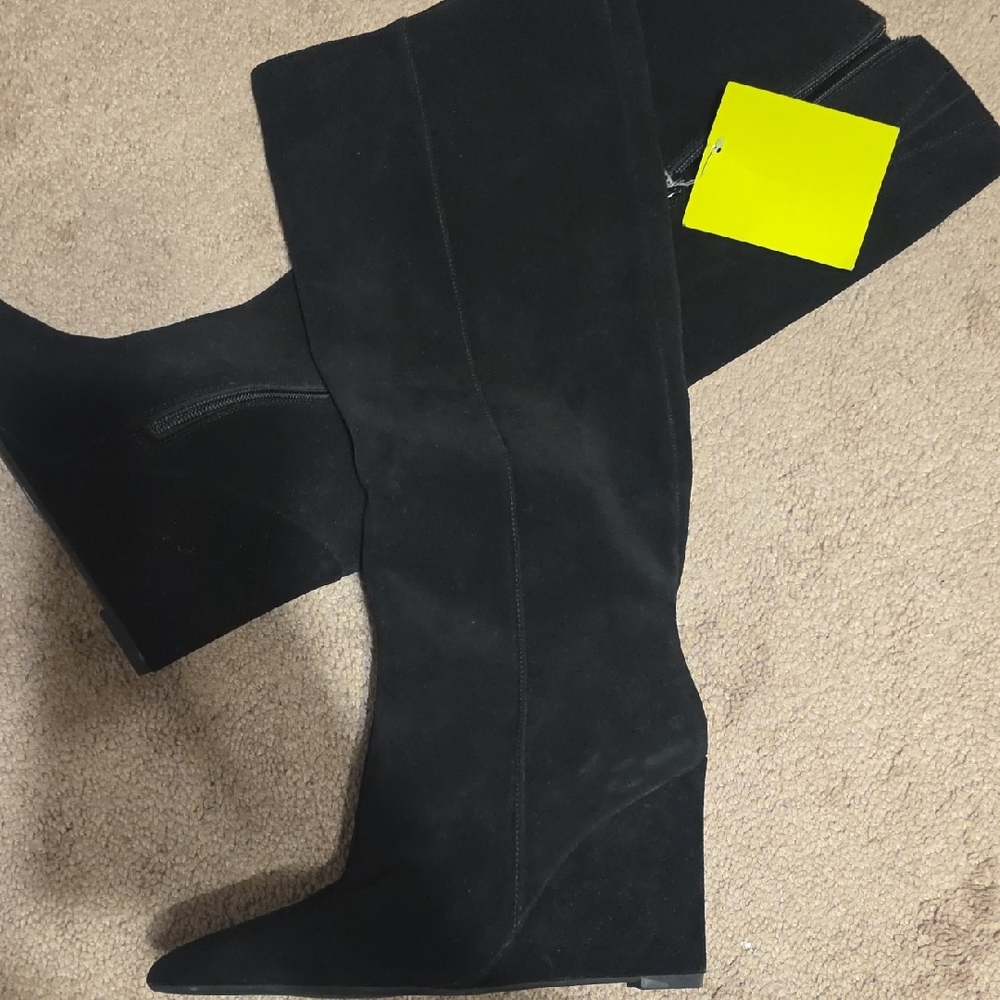 Women's Black Suede Wedge Knee-High Boots